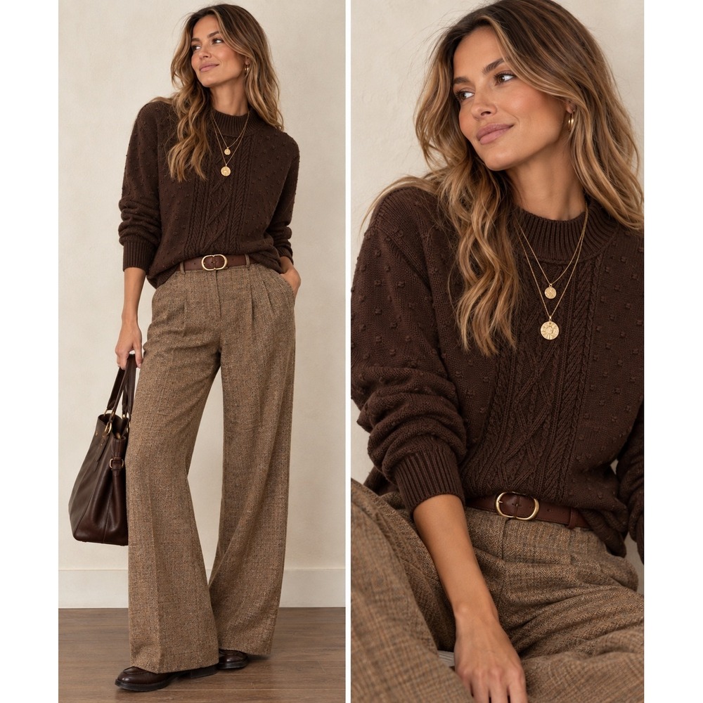 VTG Liz Claiborne Chocolate Brown Cable Knit Sweater Womens Size M Cotton 90s